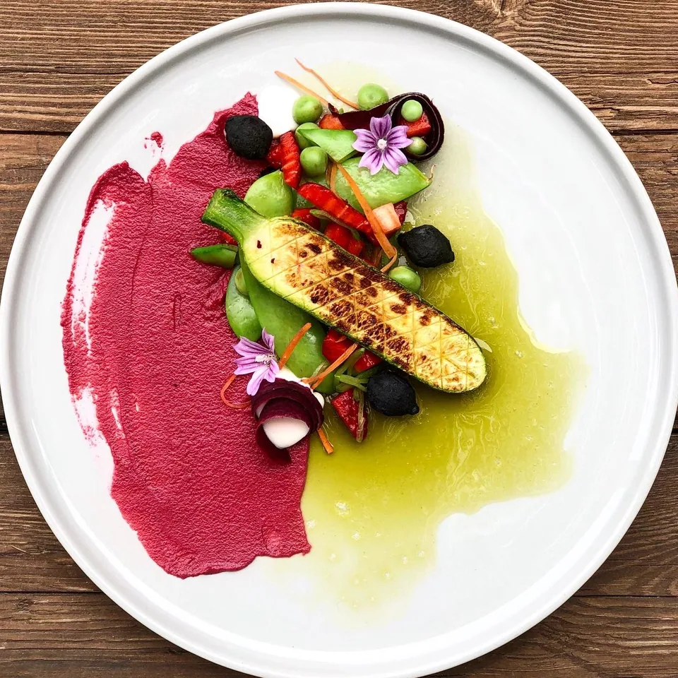 Beetroot purée, grilled courgette and green oil